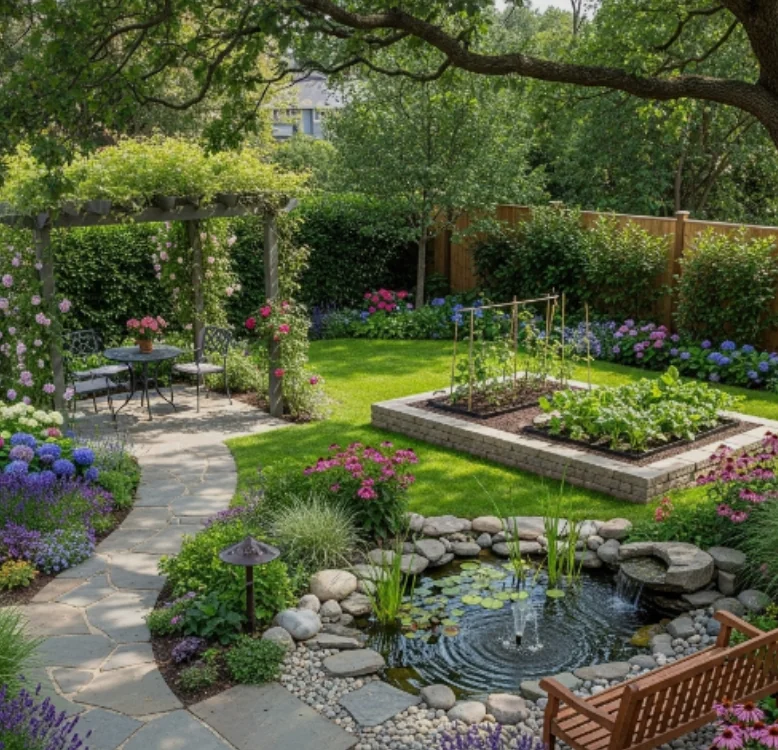 Composition d’un jardin fleuri avec pelouse, massifs et bassin décoratif